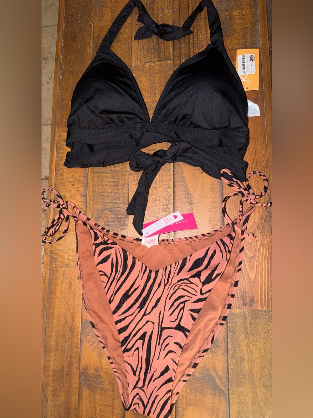 Target Women’s Black Halter Bikini Top & Rust Zebra Tie-Side Bottoms